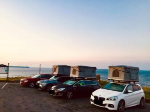 Three car Camper roof top tents lined up at Tramore in Waterford